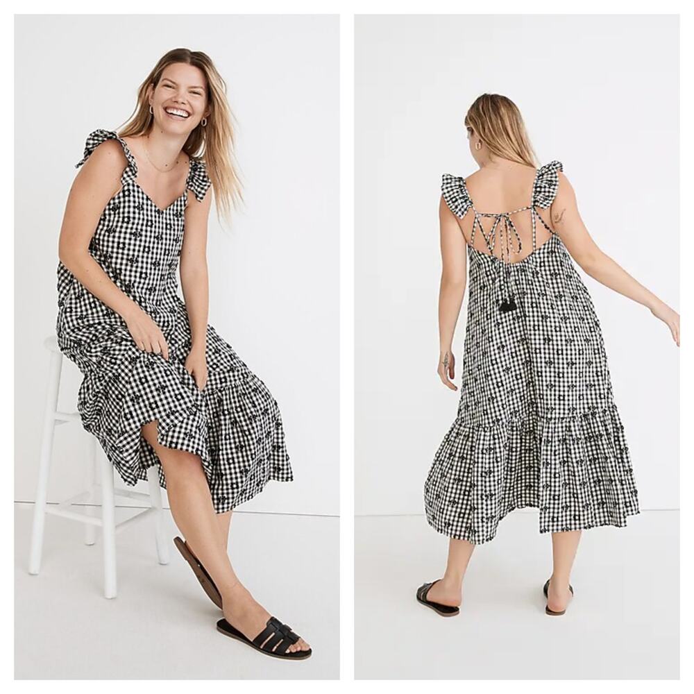 [Madewell] Black White Gingham Floral Ruffle Hem Tent Midi Dress Pockets Size 2